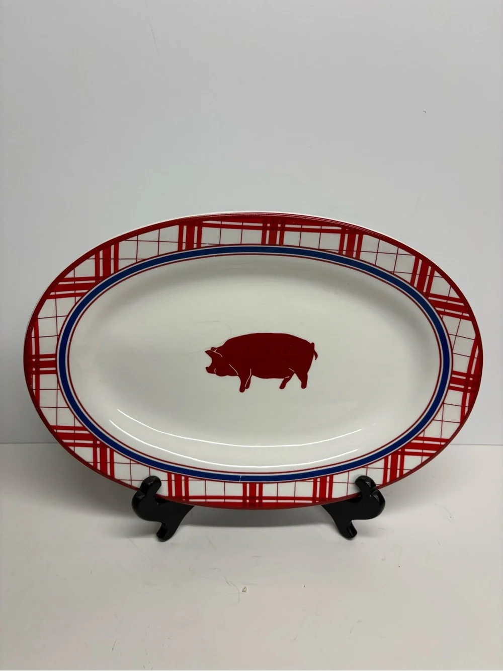 William Sonoma Country Barbecue Red Plaid Oval Serving Platter with Pig Motif